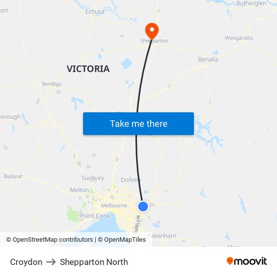 Croydon to Shepparton North map