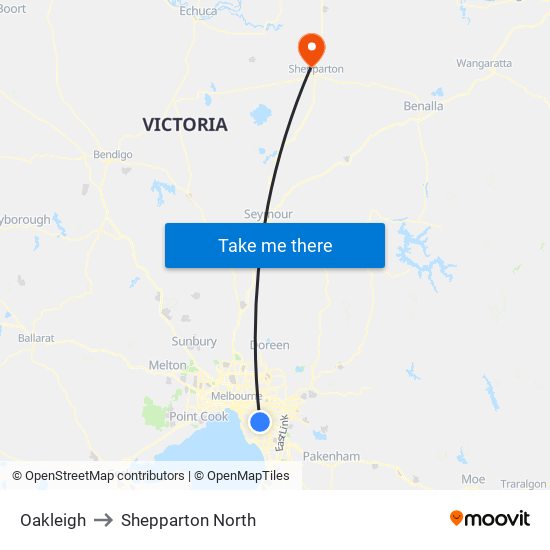 Oakleigh to Shepparton North map