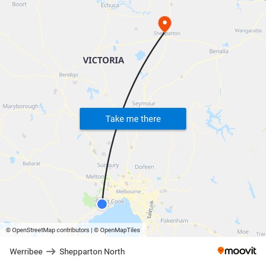 Werribee to Shepparton North map