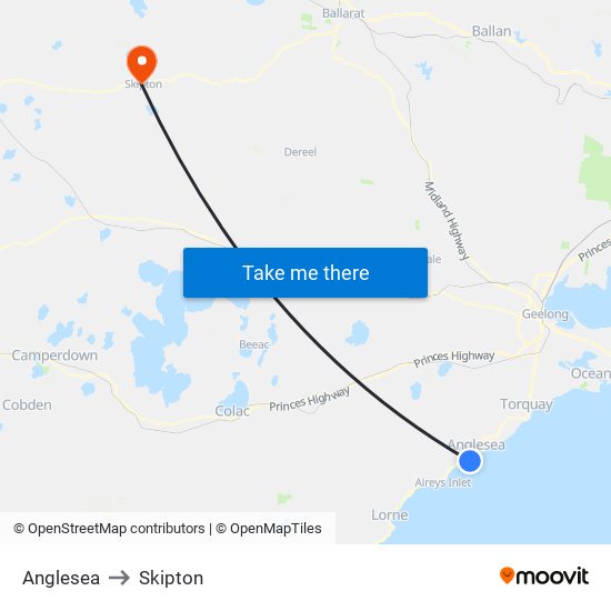 Anglesea to Skipton map