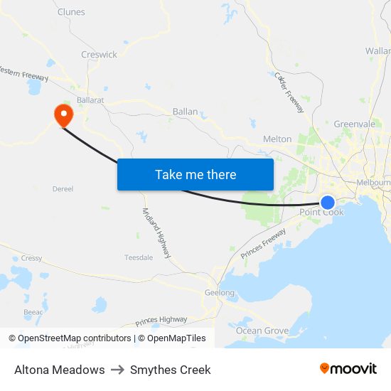 Altona Meadows to Smythes Creek map