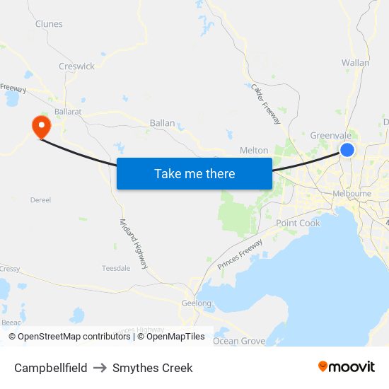 Campbellfield to Smythes Creek map