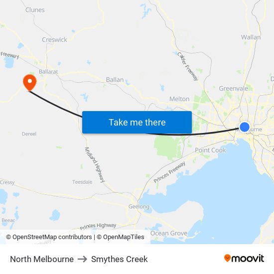 North Melbourne to Smythes Creek map