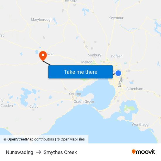 Nunawading to Smythes Creek map