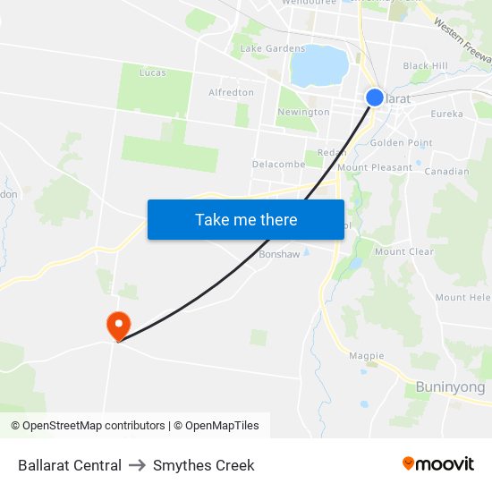 Ballarat Central to Smythes Creek map