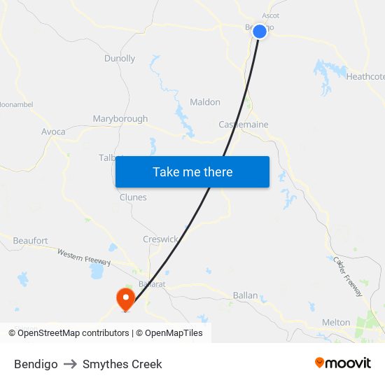 Bendigo to Smythes Creek map