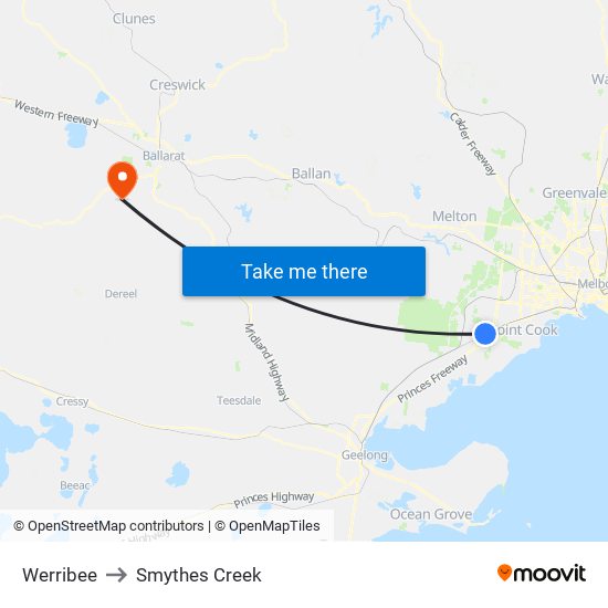 Werribee to Smythes Creek map