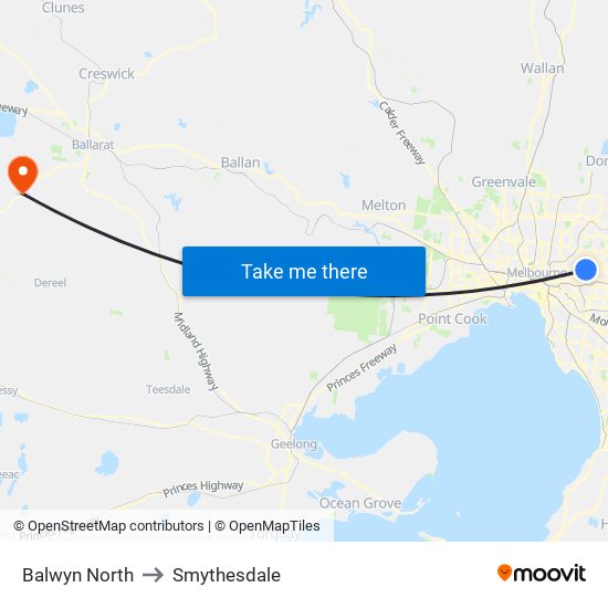 Balwyn North to Smythesdale map