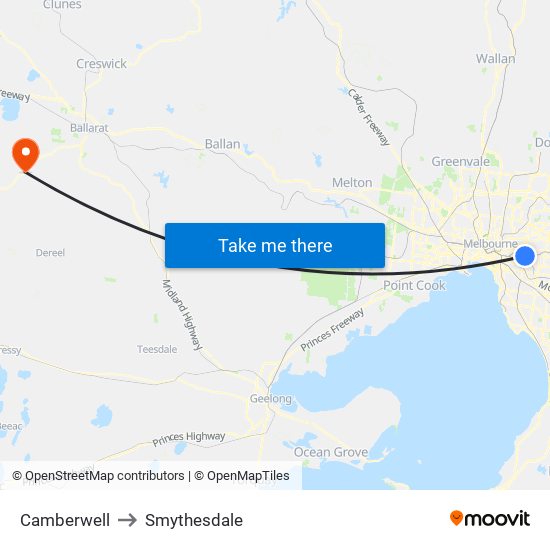 Camberwell to Smythesdale map