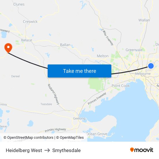 Heidelberg West to Smythesdale map