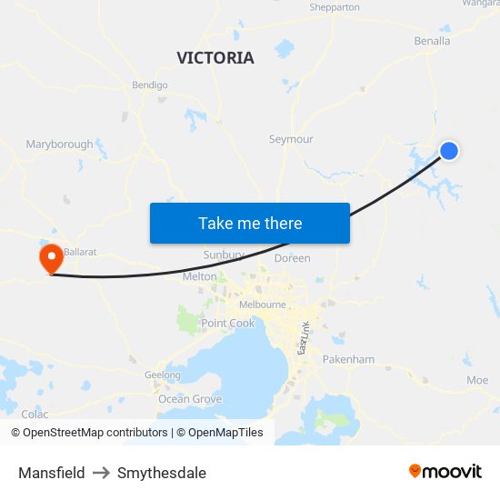 Mansfield to Smythesdale map