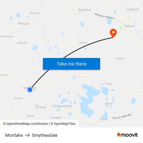 Mortlake to Smythesdale map