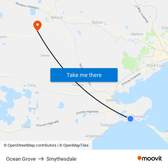 Ocean Grove to Smythesdale map