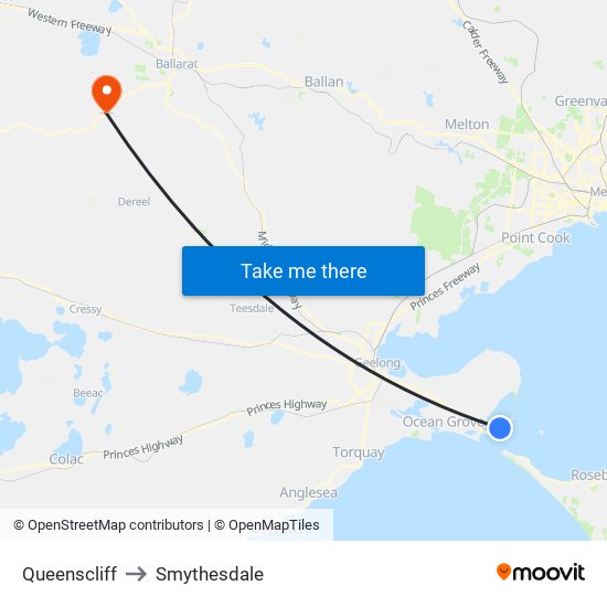 Queenscliff to Smythesdale map