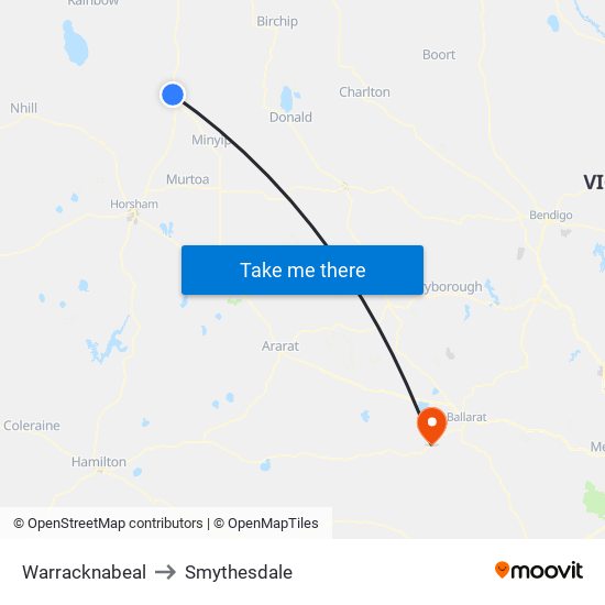 Warracknabeal to Smythesdale map