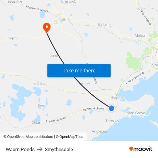 Waurn Ponds to Smythesdale map