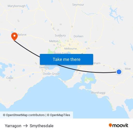 Yarragon to Smythesdale map