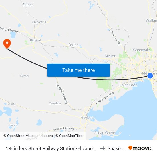 1-Flinders Street Railway Station/Elizabeth St (Melbourne City) to Snake Valley map