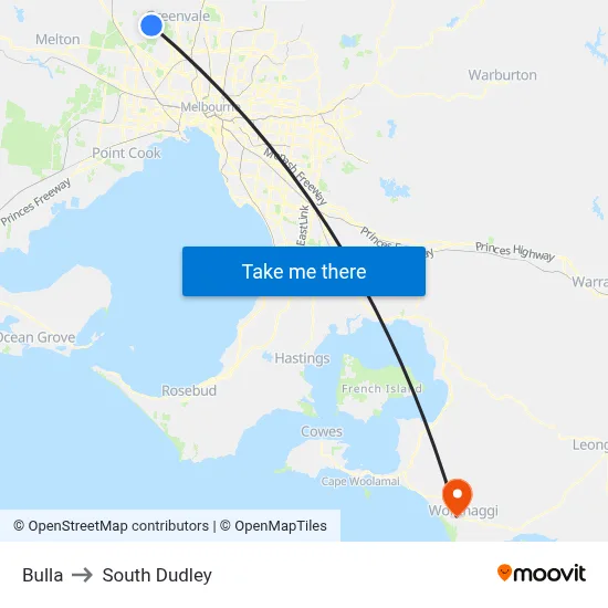 Bulla to South Dudley map