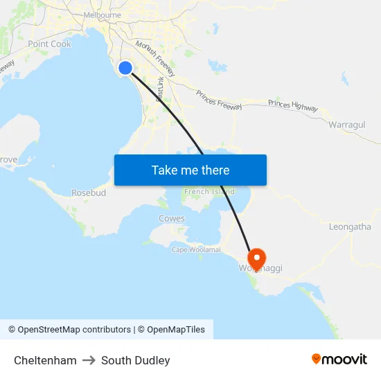 Cheltenham to South Dudley map