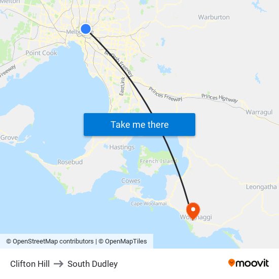 Clifton Hill to South Dudley map