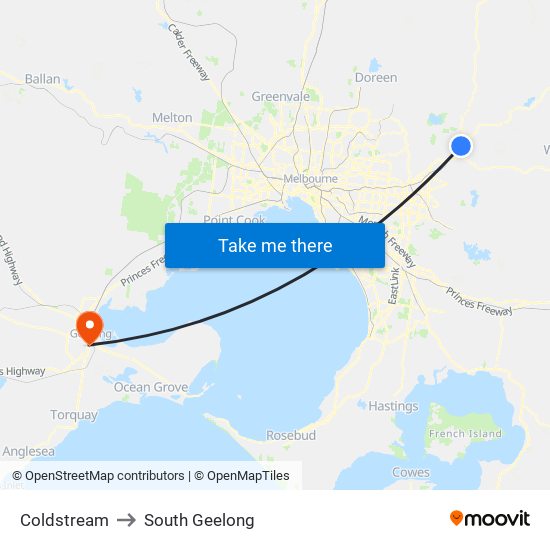 Coldstream to South Geelong map
