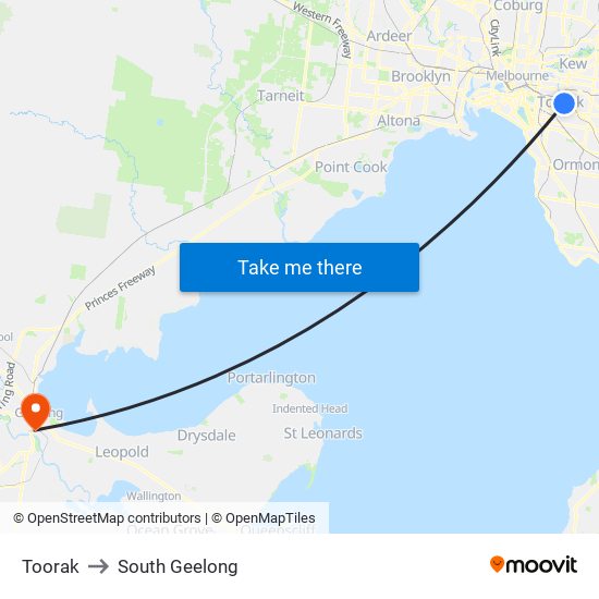 Toorak to South Geelong map