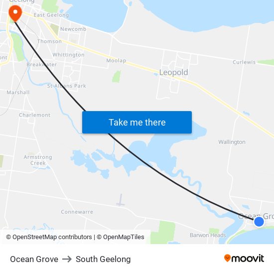 Ocean Grove to South Geelong map