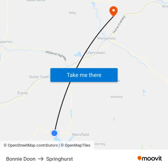 Bonnie Doon to Springhurst map