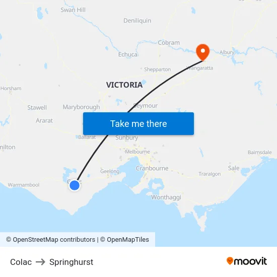 Colac to Springhurst map
