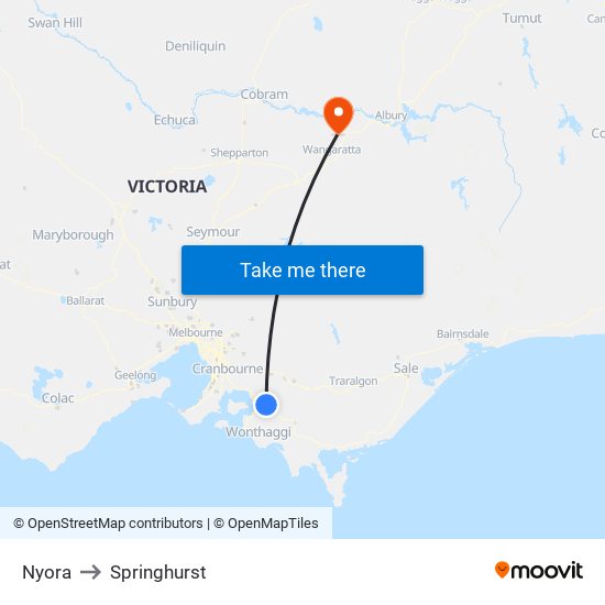 Nyora to Springhurst map