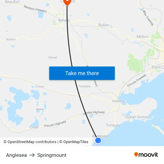 Anglesea to Springmount map