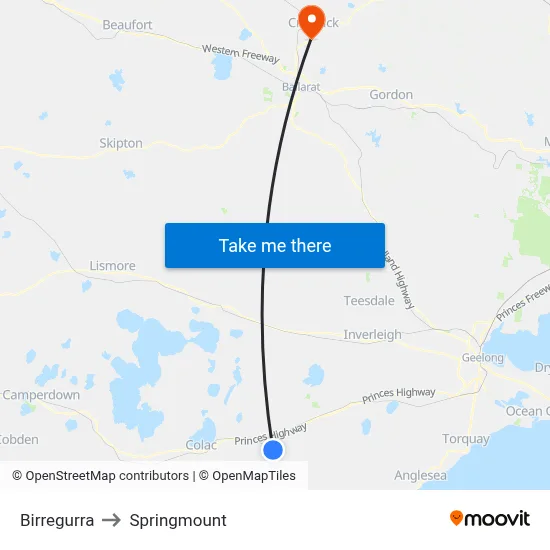 Birregurra to Springmount map