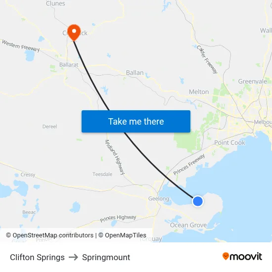 Clifton Springs to Springmount map