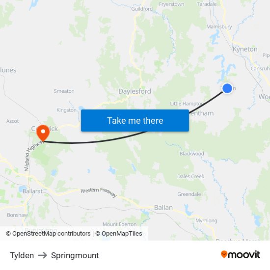 Tylden to Springmount map