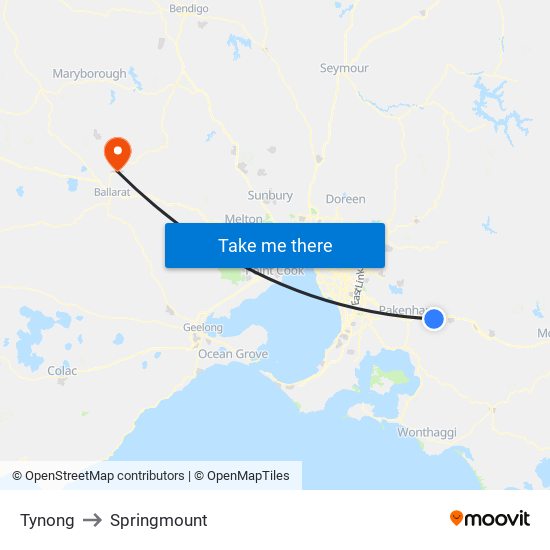 Tynong to Springmount map