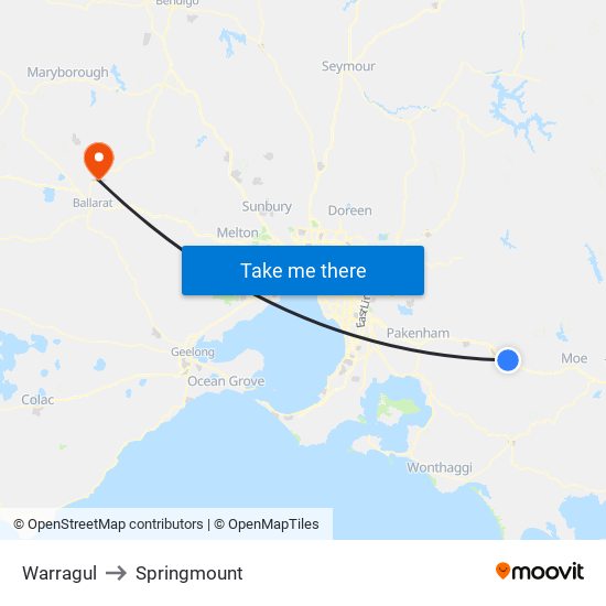 Warragul to Springmount map