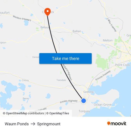 Waurn Ponds to Springmount map