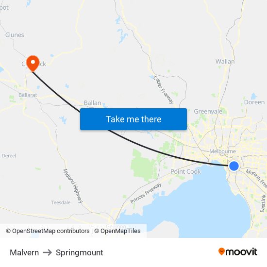 Malvern to Springmount map