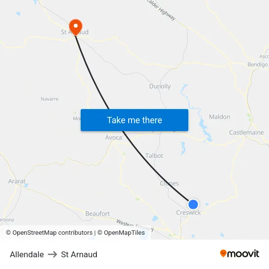 Allendale to St Arnaud map