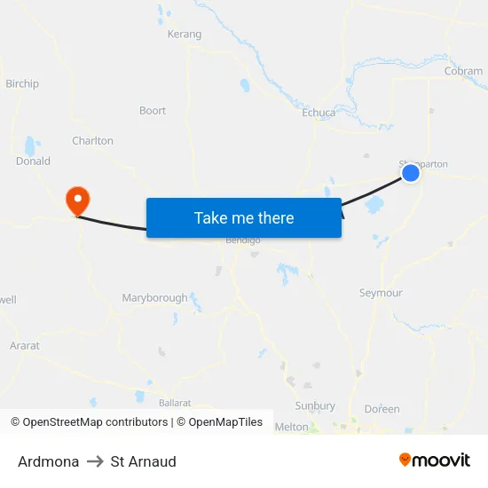 Ardmona to St Arnaud map