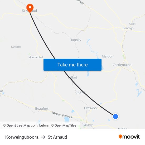 Korweinguboora to St Arnaud map