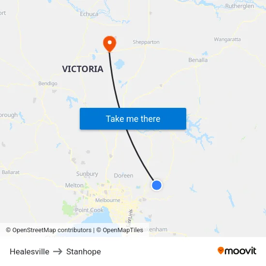 Healesville to Stanhope map