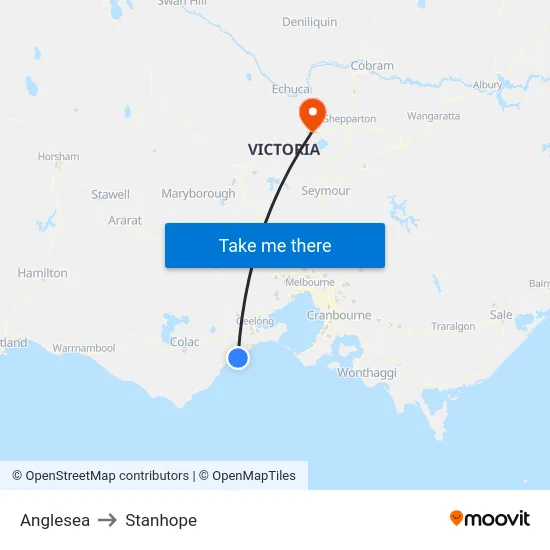 Anglesea to Stanhope map