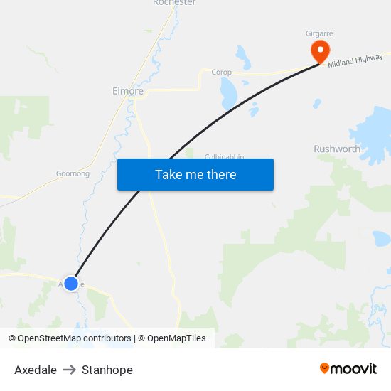 Axedale to Stanhope map