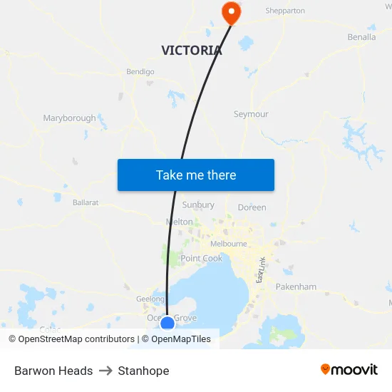 Barwon Heads to Stanhope map