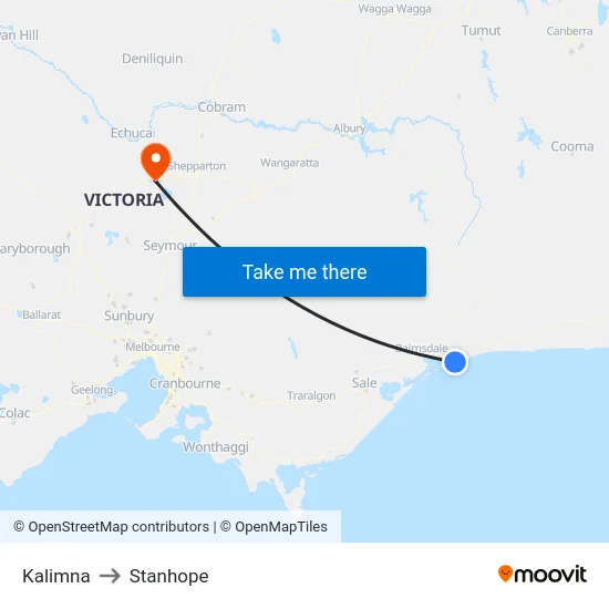 Kalimna to Stanhope map