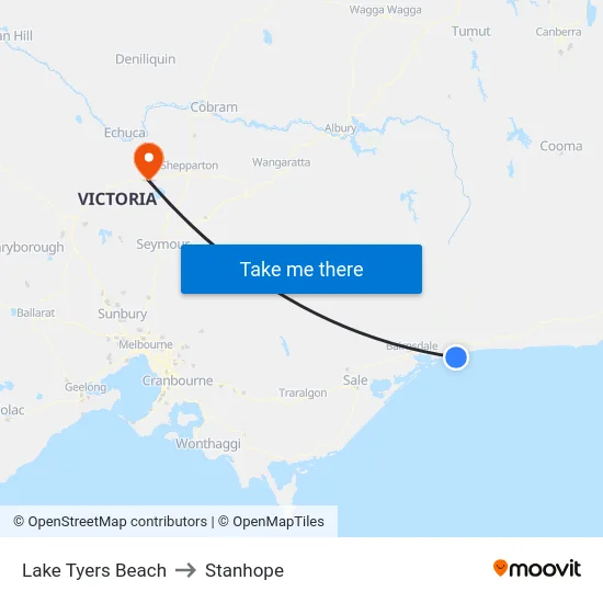 Lake Tyers Beach to Stanhope map