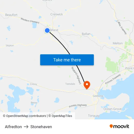 Alfredton to Stonehaven map