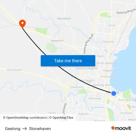Geelong to Stonehaven map